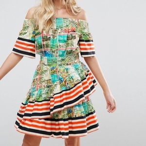 ASOS postcard print off the shoulder stripe dress size 8